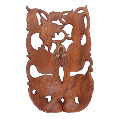 Wood wall mask, 'Nature's Twin' - Hand Crafted Balinese Suar Wood Wall Mask