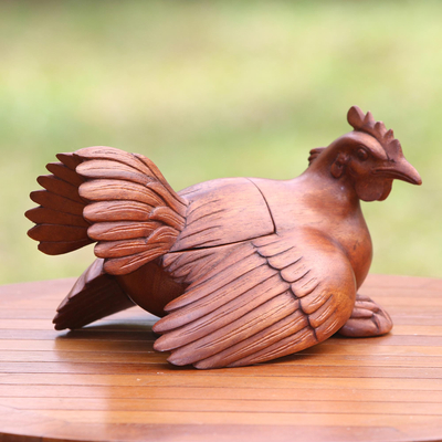 Wood decorative box, 'Nesting Hen' - Artisan Crafted Suar Wood Hen Decorative Box