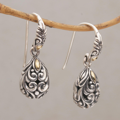 Gold accented sterling silver dangle earrings, 'Tears of Eternity' - Handmade Gold Accented Sterling Silver Dangle Earrings
