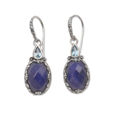 Sapphire and blue topaz dangle earrings, 'Palatial Horizon' - Sapphire and Blue Topaz Sterling Silver Dangle Earrings