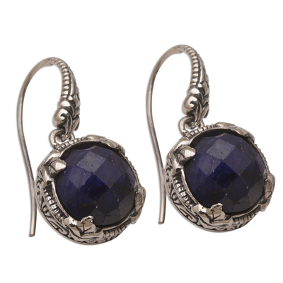 Sapphire dangle earrings, 'Floral Depths' - Sapphire and Sterling Silver Dangle Earrings from Bali