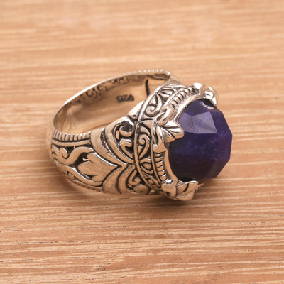 Sapphire cocktail ring, 'Regal Serenity' - Handmade Balinese Sapphire and Sterling Silver Cocktail Ring