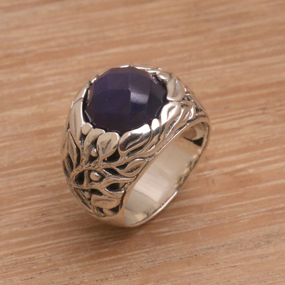 Sapphire cocktail ring, 'Forest of Serenity' - Handmade Balinese Sapphire and Sterling Silver Cocktail Ring