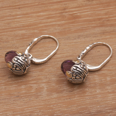 Gold accented amethyst dangle hoop earrings, 'Sincerity Blooms' - Amethyst Sterling Silver Hoop Earrings with Gold Accents