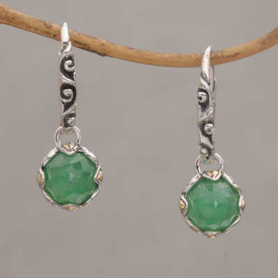 Jade dangle hoop earrings, 'Sincerity Blooms' - Jade Sterling Silver Hoop Earrings with Gold Accents