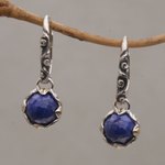 Gold accent lapis lazuli dangle hoop earrings, 'Sincerity Blooms' - Lapis Lazuli Sterling Silver Hoop Earrings with Gold Accents