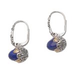 Gold accent lapis lazuli dangle hoop earrings, 'Sincerity Blooms' - Lapis Lazuli Sterling Silver Hoop Earrings with Gold Accents