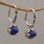 Gold accent lapis lazuli dangle hoop earrings, 'Sincerity Blooms' - Lapis Lazuli Sterling Silver Hoop Earrings with Gold Accents