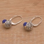 Gold accent lapis lazuli dangle hoop earrings, 'Sincerity Blooms' - Lapis Lazuli Sterling Silver Hoop Earrings with Gold Accents