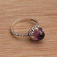 Gold accented amethyst cocktail ring, 'Crown of Bali' - Amethyst Sterling Silver Cocktail Ring with 18k Gold Accents