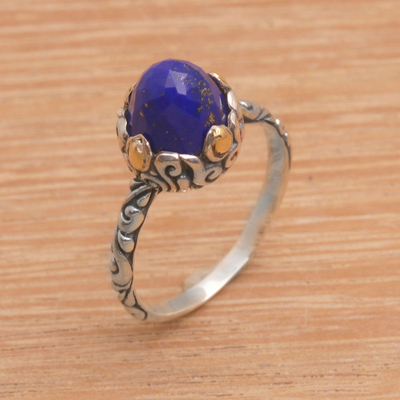 Gold accented lapis lazuli solitaire ring, 'Majestic Bloom' - Lapis Lazuli Sterling Silver Ring with Gold Accents