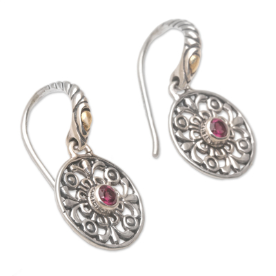 Rhodolite garnet dangle earrings, 'Temple Mystique' - Rhodolite Sterling Silver Dangle Earrings with Gold Accents