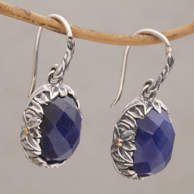 Gold accented sapphire dangle earrings, 'Perennial Passion' - Sapphire and Gold Accented Sterling Silver Dangle Earrings