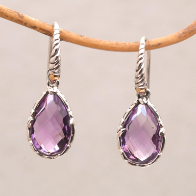 Gold accented amethyst dangle earrings, 'Ancient Majesty' - Balinese Amethyst and Sterling Silver Dangle Earrings