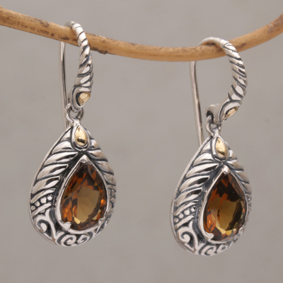 Gold-accented quartz dangle earrings, 'Floral Amulet' - Balinese Cognac Quartz and Sterling Silver Dangle Earrings