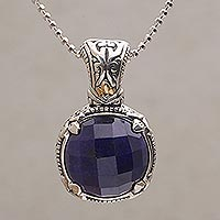 Gold accented sapphire pendant necklace, 'Serene Sovereignty' - Sapphire and Gold Accented Sterling Silver Pendant Necklace