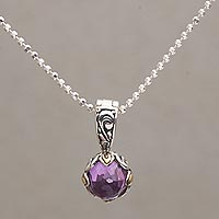 Gold accented amethyst pendant necklace, 'Blossoming Serenity' - Amethyst and Gold Accented Sterling Silver Pendant Necklace