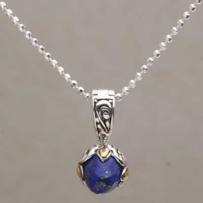 Gold accented lapis lazuli pendant necklace, 'Blossoming Serenity' - Lapis Lazuli and Sterling Silver Pendant Necklace from Bali