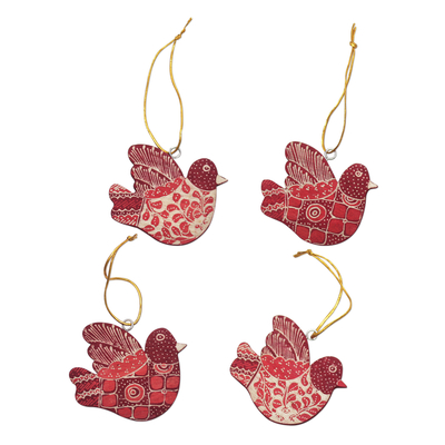 Wood batik ornaments, 'Red Doves' (set of 4) - Four Batik Wadang Wood Dove Ornaments from Java