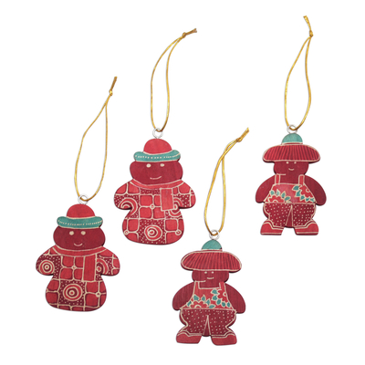 Wood batik ornaments, 'Red Snowmen' (set of 4) - Four Batik Wadang Wood Snowman Ornaments from Java