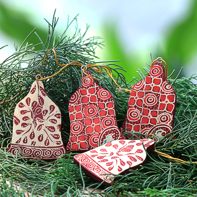 Wood batik ornaments, 'Red Bells' (set of 4) - Four Batik Wood Bell Ornaments from Java