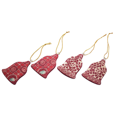 Wood batik ornaments, 'Red Bells' (set of 4) - Four Batik Wood Bell Ornaments from Java