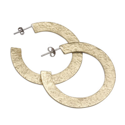 Brass half-hoop earrings, 'Infinity Yellow' - Textured Brass Half-Hoop Earrings with Sterling Silver Posts