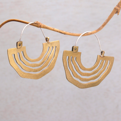 Brass hoop earrings, 'Ethnic Sunrise' - Brass Sunrise Hoop Earrings with Sterling Silver Ear Hooks