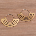 Brass hoop earrings, 'Ethnic Sunrise' - Brass Sunrise Hoop Earrings with Sterling Silver Ear Hooks