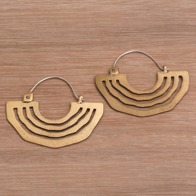 Brass hoop earrings, 'Ethnic Sunrise' - Brass Sunrise Hoop Earrings with Sterling Silver Ear Hooks