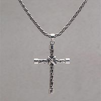 Sterling Silver Cross Pendant Necklace Handcrafted in Bali,'Cross of Sheaves'