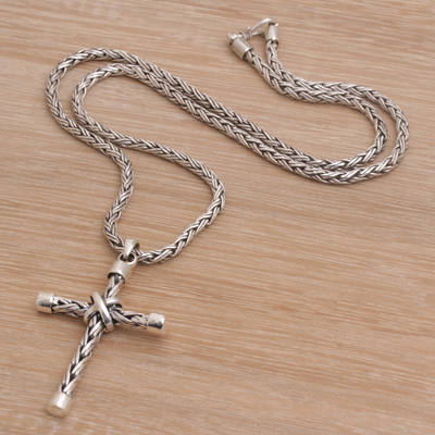 Sterling silver pendant necklace, 'Cross of Sheaves' - Sterling Silver Cross Pendant Necklace Handcrafted in Bali