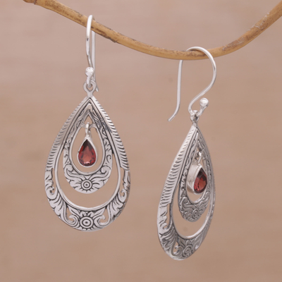 Garnet dangle earrings, 'Gift of Flowers in Red' - Artisan Handmade Garnet 925 Sterling Silver Earrings