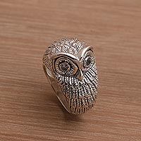 Bali Handmade Sterling Silver Owl Ring with Blue Topaz Eyes,'Gazing Owl'