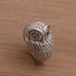 Blue topaz domed ring, 'Gazing Owl' - Bali Handmade Sterling Silver Owl Ring with Blue Topaz Eyes