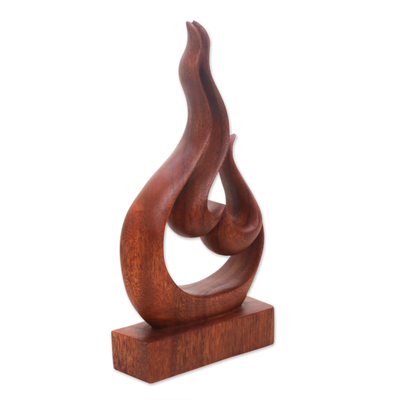 Wood sculpture, 'Lover's Passion' - Hand Carved Suar Wood Heart and Flame Abstract Sculpture