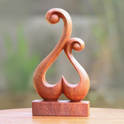Wood sculpture, 'Lover's Bloom' - Hand Carved Suar Wood Abstract Heart Sculpture
