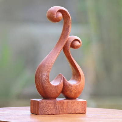 Wood sculpture, 'Lover's Bloom' - Hand Carved Suar Wood Abstract Heart Sculpture