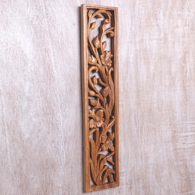 Wood relief panel, 'Flourishing Wall' - Handmade Indonesian Suar Wood Floral Wall Panel