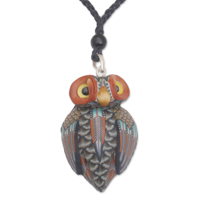 Polymer clay pendant necklace, 'Charming Owl' - Artisan Handmade Clay Owl Pendant Necklace Cotton Cord