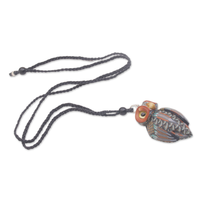 Halskette mit Polymer-Ton-Anhänger - Handgefertigte Halskette mit Eulen-Anhänger aus Ton, Baumwollkordel