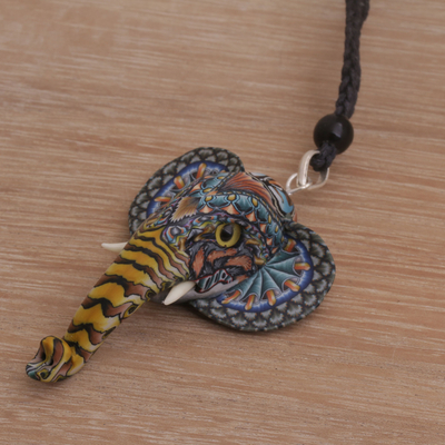 Polymer clay pendant necklace, 'Elephant Bust' - Artisan Handmade Polymer Clay Elephant Pendant Necklace