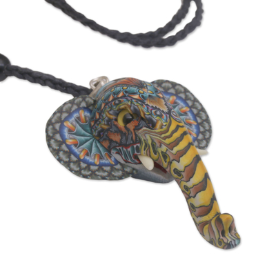 Polymer clay pendant necklace, 'Elephant Bust' - Artisan Handmade Polymer Clay Elephant Pendant Necklace
