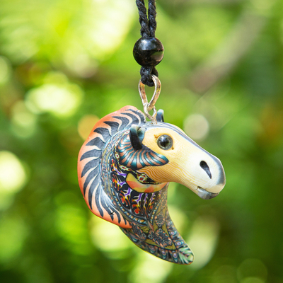 Polymer clay pendant necklace, 'Laughing Horse' - Artisan Handmade Polymer Clay Horse Pendant Necklace