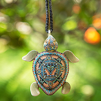 Polymer clay pendant necklace, 'Floating Turtle' - Handmade Polymer Clay Sea Turtle Pendant Necklace Indonesia
