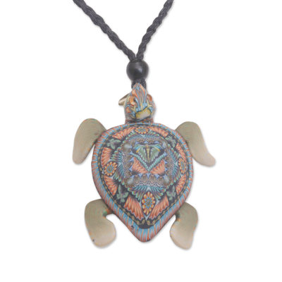 Polymer clay pendant necklace, 'Floating Turtle' - Handmade Polymer Clay Sea Turtle Pendant Necklace