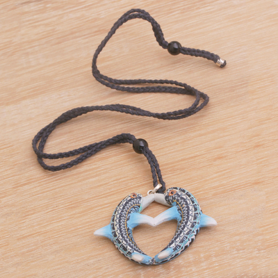 Polymer clay pendant necklace, 'Dolphin Twins' - Handmade Polymer Clay Dolphin Pendant Necklace Indonesia