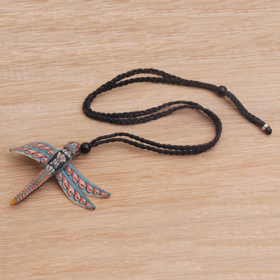 Polymer clay pendant necklace, 'Floating Dragonfly' - Handmade Dragonfly Pendant Necklace Polymer Clay Cotton Cord