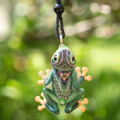 Polymer clay pendant necklace, 'Lithe Tree Frog' - Handcrafted Polymer Clay Tree Frog Necklace from Bali