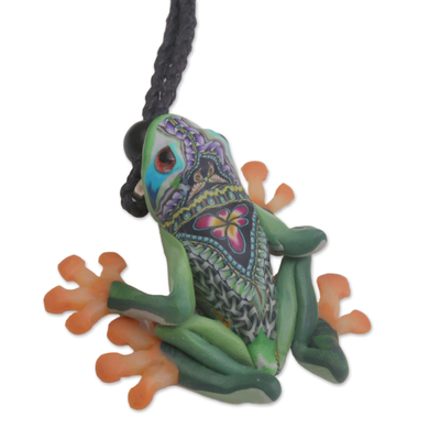 Polymer clay pendant necklace, 'Lithe Tree Frog' - Handcrafted Polymer Clay Tree Frog Necklace from Bali